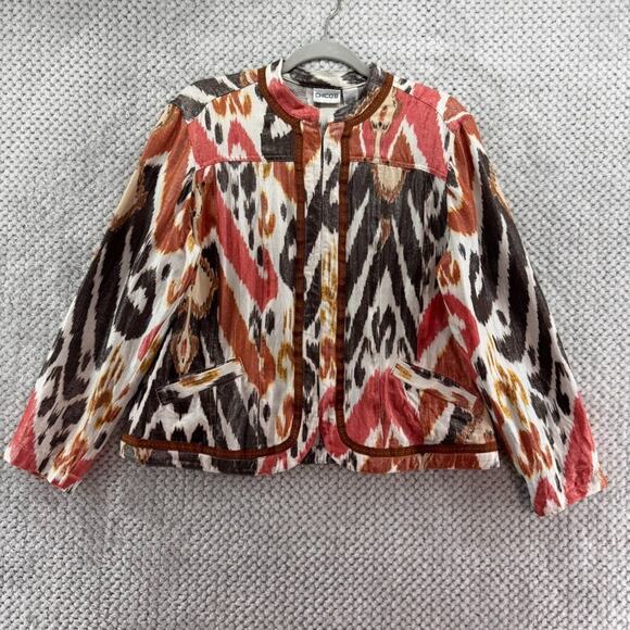 Chico's Jackets & Blazers - Chicos Jacket Women 2 L Orange Brown Linen Abstract Ikat Metallic Western Pocket